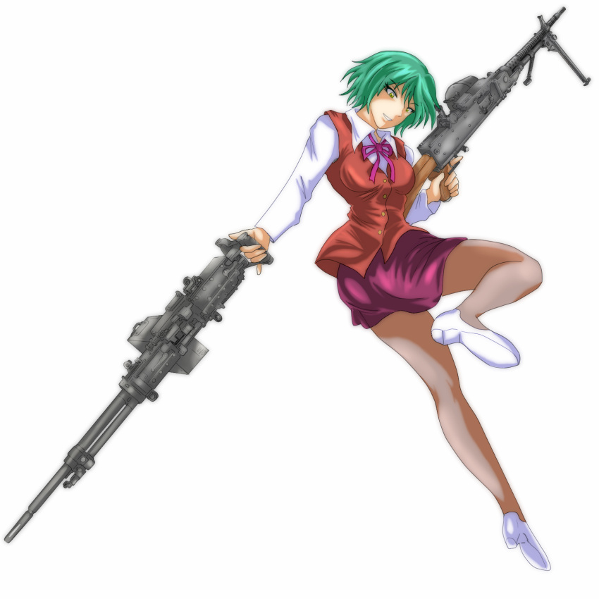 .50_bmg, .50_cal, 7.62x39mm, akimbo, alternate_costume, alternate_eye_color, browning_m2, dual_wield, dual_wielding, fabrique_nationale, fn_mag, green_hair, grin, gun, heavy_machine_gun, highres, junkei, kazami_yuuka, light_machine_gun, machine, machine_gun, miniskirt, pantyhose, rifle, sheer_legwear, shoes, short_hair, simple_background, skirt, slender_waist, smile, solo, touhou, vest, weapon, white_background, yellow_eyes, youkai