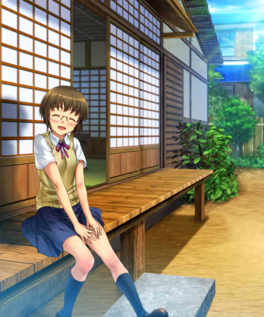 brown_hair, closed_eyes, eyes_closed, glasses, highres, kneehighs, landscape, loafers