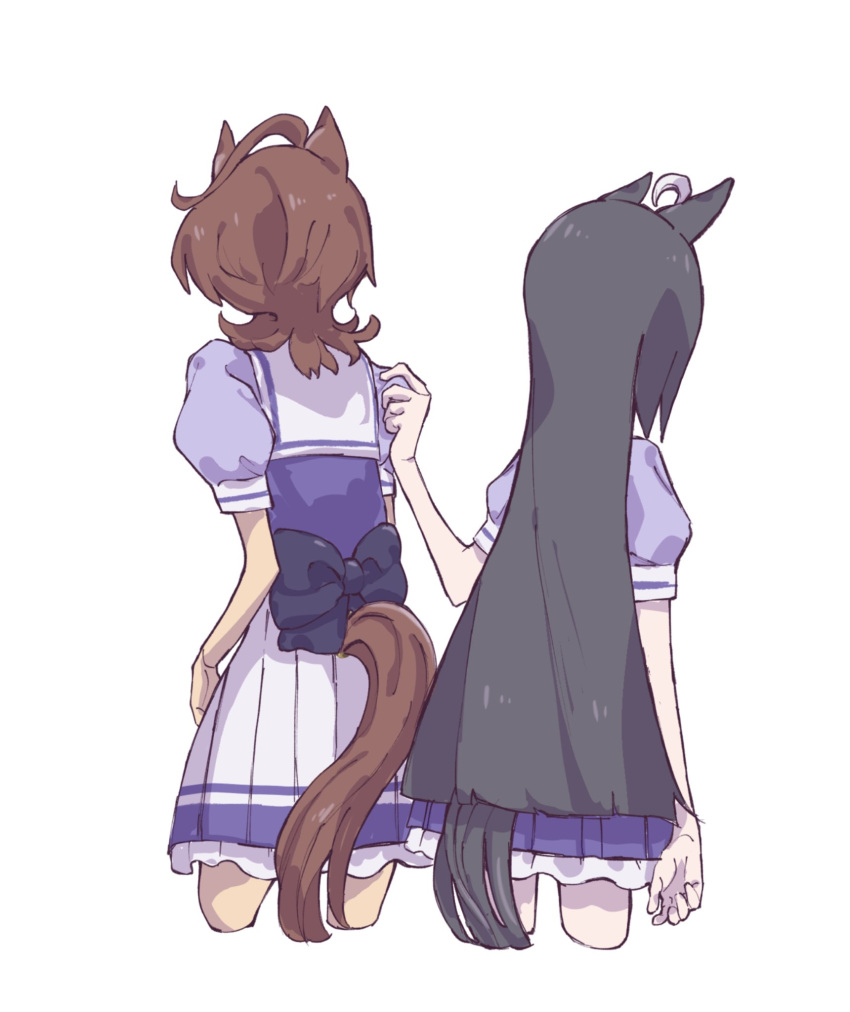 2girls, agnes_tachyon_(umamusume), ahoge, animal_ears, back, bibitto_love_(honeyworks), black_hair, bow