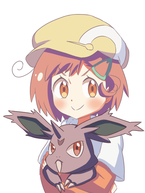 1girl, blossom_(pokemon), blush, brown_eyes, brown_hair, cape, cocoa_(p_cocoa_f), commentary_request, long_sleeves, looking_at_viewer, nidorino, orange_shirt, pokemon, pokemon_(anime), pokemon_(creature), poketoon, shirt, short_hair, simple_background, white_background
