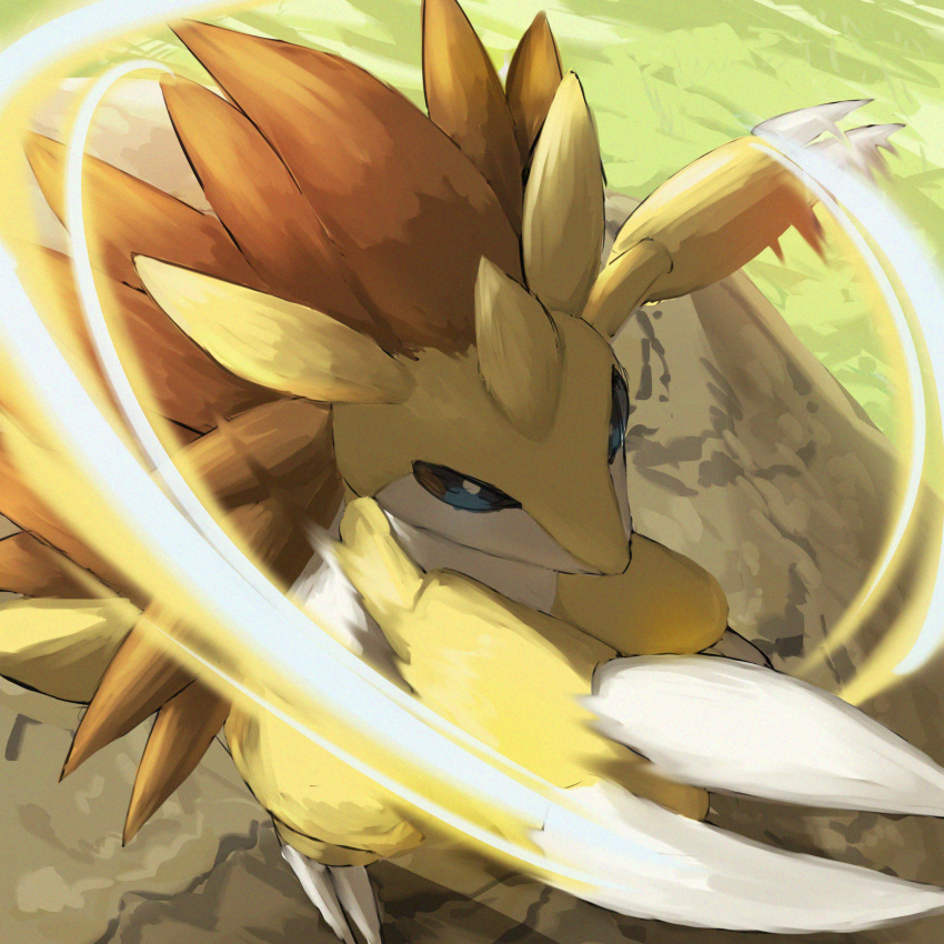 absurdres, bright_pupils, claws, commentary_request, day, grass, highres, motion_blur