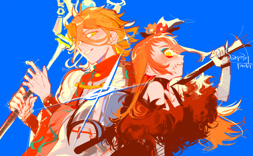 1boy, 1girl, absurdres, antenna_hair, aqua_eyeshadow, axe, bandaged_arm, bandaged_hand