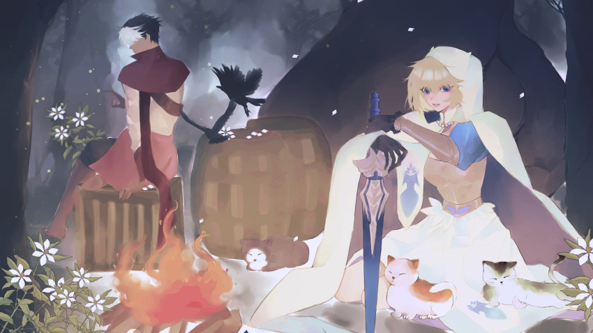 1boy, 1girl, absurdres, barrel, bird, black_gloves, black_hair, blonde_hair