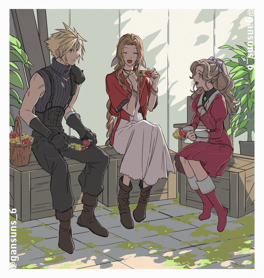 1boy, 2girls, aerith_gainsborough, armor, baggy_pants, bandaged_arm, bandages, bangle, belt, black_gloves, black_pants, black_shirt, blonde_hair, blue_bow, blue_shirt, boots, border, bow, bracelet, braid, braided_ponytail, brown_footwear, brown_hair, chloe_(ff7), choker, closed_eyes, cloud_strife, crate, cropped_jacket, dress, final_fantasy, final_fantasy_vii, final_fantasy_vii_rebirth, final_fantasy_vii_remake, flower, flower_basket, gem, gloves, green_eyes, green_gemstone, hair_between_eyes, hair_bow, hair_ribbon, head_wreath, highres, holding, holding_flower, jacket, jewelry, juliet_sleeves, light_blush, long_dress, long_hair, long_sleeves, looking_at_another, multiple_belts, multiple_girls, open_mouth, pants, parted_bangs, pink_dress, pink_ribbon, plant, ponytail, puffy_sleeves, red_dress, red_footwear, red_jacket, ribbon, roku_(gansuns), shirt, short_hair, short_sleeves, shoulder_armor, sidelocks, single_bare_shoulder, single_braid, single_shoulder_pad, sitting, sleeveless, sleeveless_turtleneck, smile, spiky_hair, suspenders, tile_floor, tiles, turtleneck, twitter_username, wavy_hair, white_border