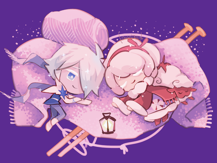1boy, 1girl, ahoge, animal, blue_eyes, chibi, chibi_only, closed_eyes, commentary_request, cookie_run, cookie_run:_kingdom, cotton_cookie, cream_cotton_sheep, dress, kanaizu_yh, lantern, long_sleeves, lying, official_style, scarf, sheep, sherbet_cookie, short_hair, sleeping, smile, white_hair, yarn