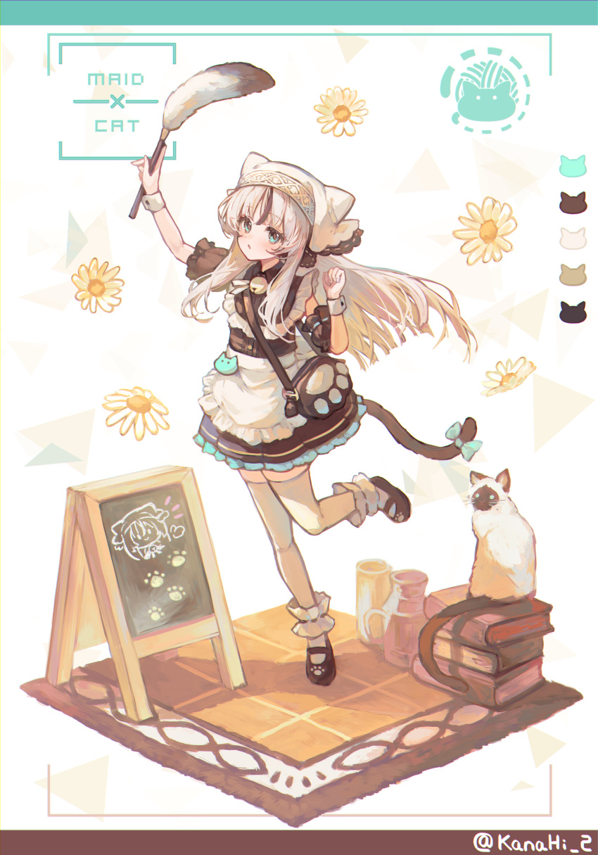 1girl, absurdres, apron, aqua_eyes, arm_cuffs, bag, black_dress, black_footwear