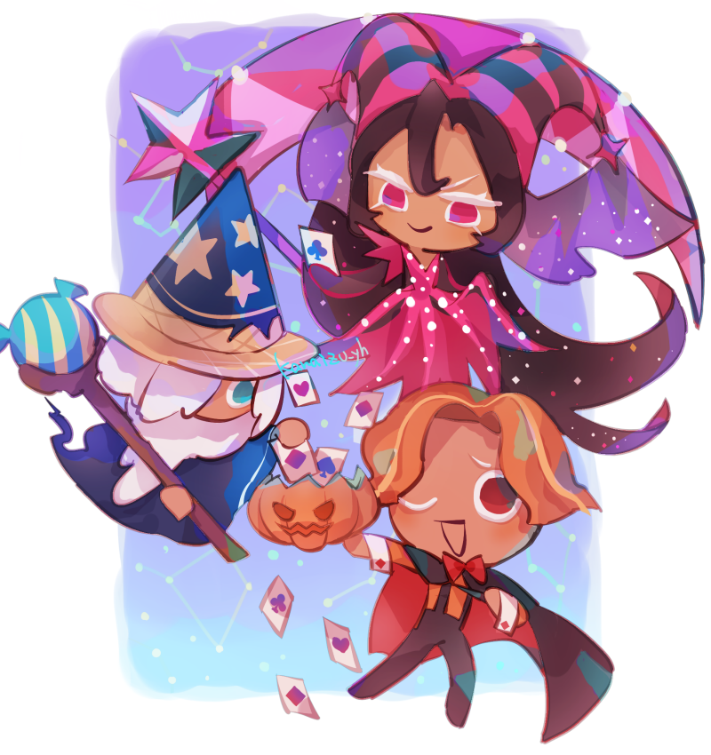 1girl, 2boys, black_hair, bow, bowtie, cape, card, chibi