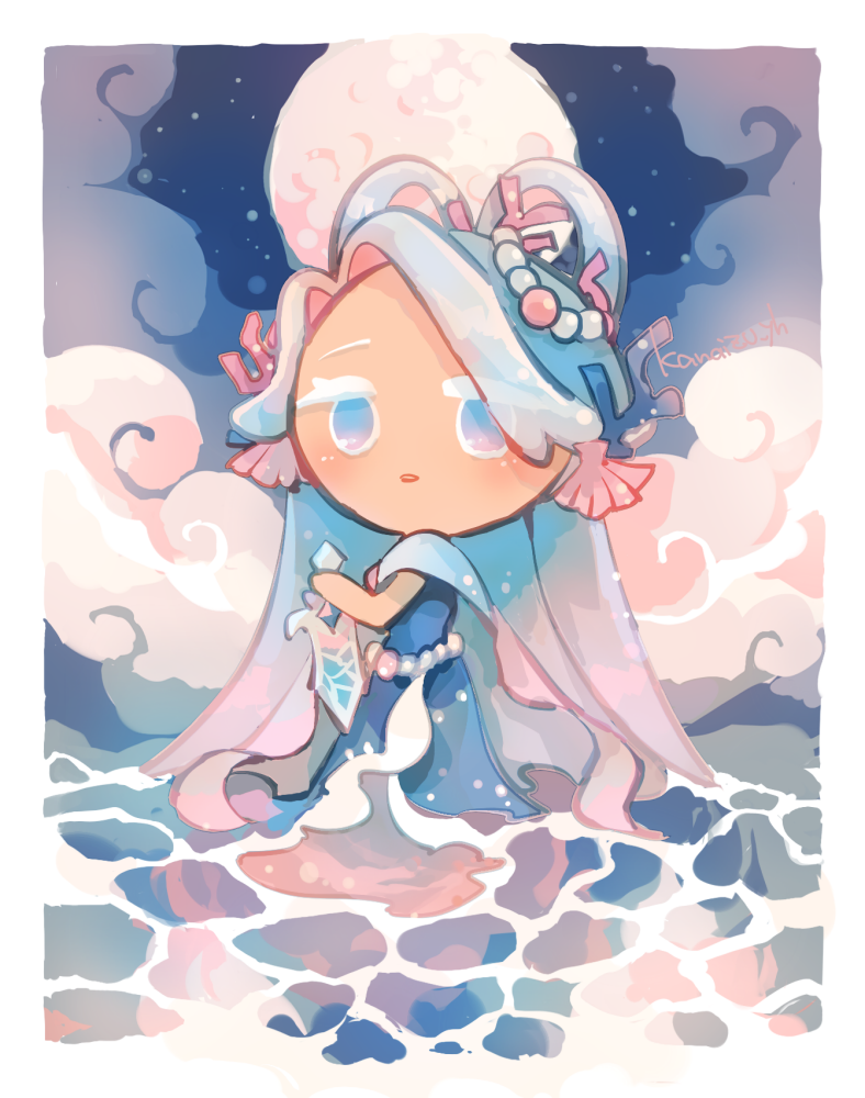 1girl, blue_dress, blue_eyes, blue_hair, chibi, chibi_only, clouds, commentary_request