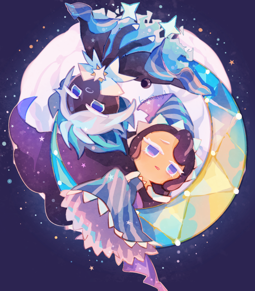 1boy, 1girl, black_hair, blue_background, blue_dress, blue_eyes, chibi, chibi_only, colored_skin, commentary_request, cookie_run, cookie_run:_kingdom, crescent_moon, dress, hat, kanaizu_yh, long_hair, moon, moonlight_cookie, official_style, short_hair, star_(sky), star_(symbol), stardust_cookie, very_long_hair, white_hair