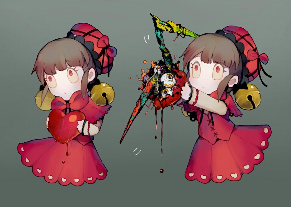 1girl, :o, bell, beret, black_bow, blunt_bangs, bow, brown_hair