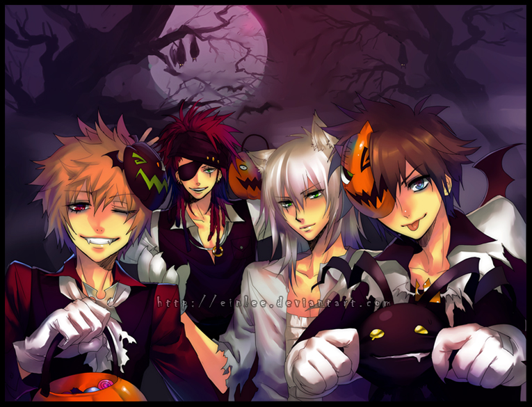 4boys, alternate_costume, alternate_eye_color, animal_ears, animal_hands, ascot, axel_(kingdom_hearts), bandaged_chest, bare_tree, bat_(animal), bat_wings, bishounen, black_border, black_eyeshadow, black_hairband, black_shirt, black_wings, border, brown_hair, bucket, candy, cheek_pull, collared_shirt, commentary, ear_piercing, ein_lee, english_commentary, eyepatch, eyeshadow, facial_mark, fangs, fog, food, full_moon, gloves, green_eyes, grin, hairband, halloween, halloween_bucket, halloween_costume, hand_up, hands_up, heartless_(kingdom_hearts), holding, holding_bucket, jewelry, kemonomimi_mode, kingdom_hearts, kingdom_hearts_ii, lollipop, long_hair, looking_at_viewer, makeup, male_focus, moon, multiple_boys, necklace, night, official_alternate_costume, open_clothes, open_mouth, open_shirt, orange_hair, outdoors, paw_gloves, piercing, pirate_costume, pumpkin, red_eyes, red_shirt, redhead, riku_(kingdom_hearts), roxas, saliva, shirt, single_tear, smile, sora_(kingdom_hearts), tongue, tongue_out, torn_clothes, torn_shirt, tree, upper_body, vampire, watermark, white_ascot, white_gloves, white_hair, wing_collar, wings, wolf_ears, yellow_eyes