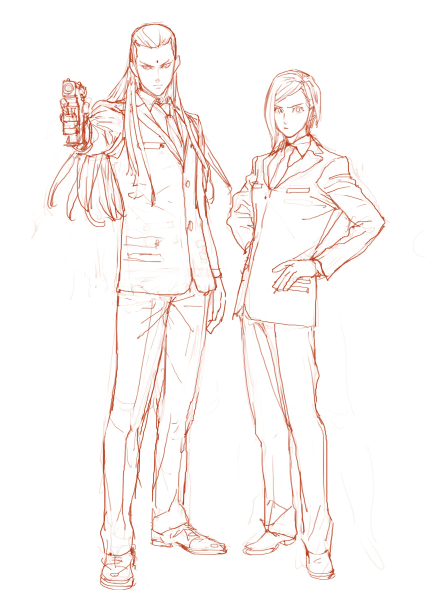 1boy, 1girl, absurdres, af_cf, aiming, bindi, breasts, collared_shirt