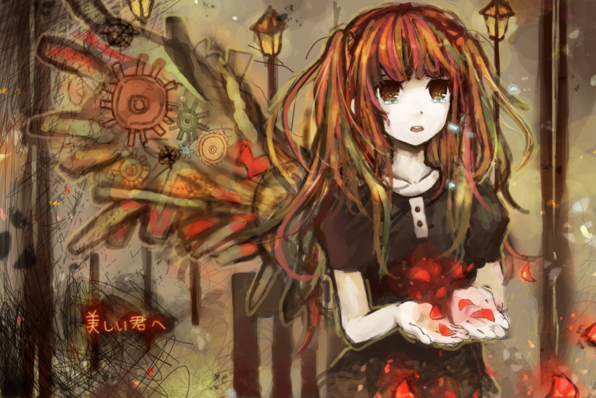 1girl, alternate_hair_color, black_dress, brown_eyes, brown_wings, buttons, commentary_request, cowboy_shot, drawn_wings, dress, gears, hatsune_miku, koibito_no_rangge_(vocaloid), kusabe_ichii, lamppost, long_hair, looking_at_viewer, medium_bangs, open_mouth, orange_hair, petals, puffy_short_sleeves, puffy_sleeves, short_sleeves, sidelocks, solo, tearing_up, two_side_up, vocaloid, wings