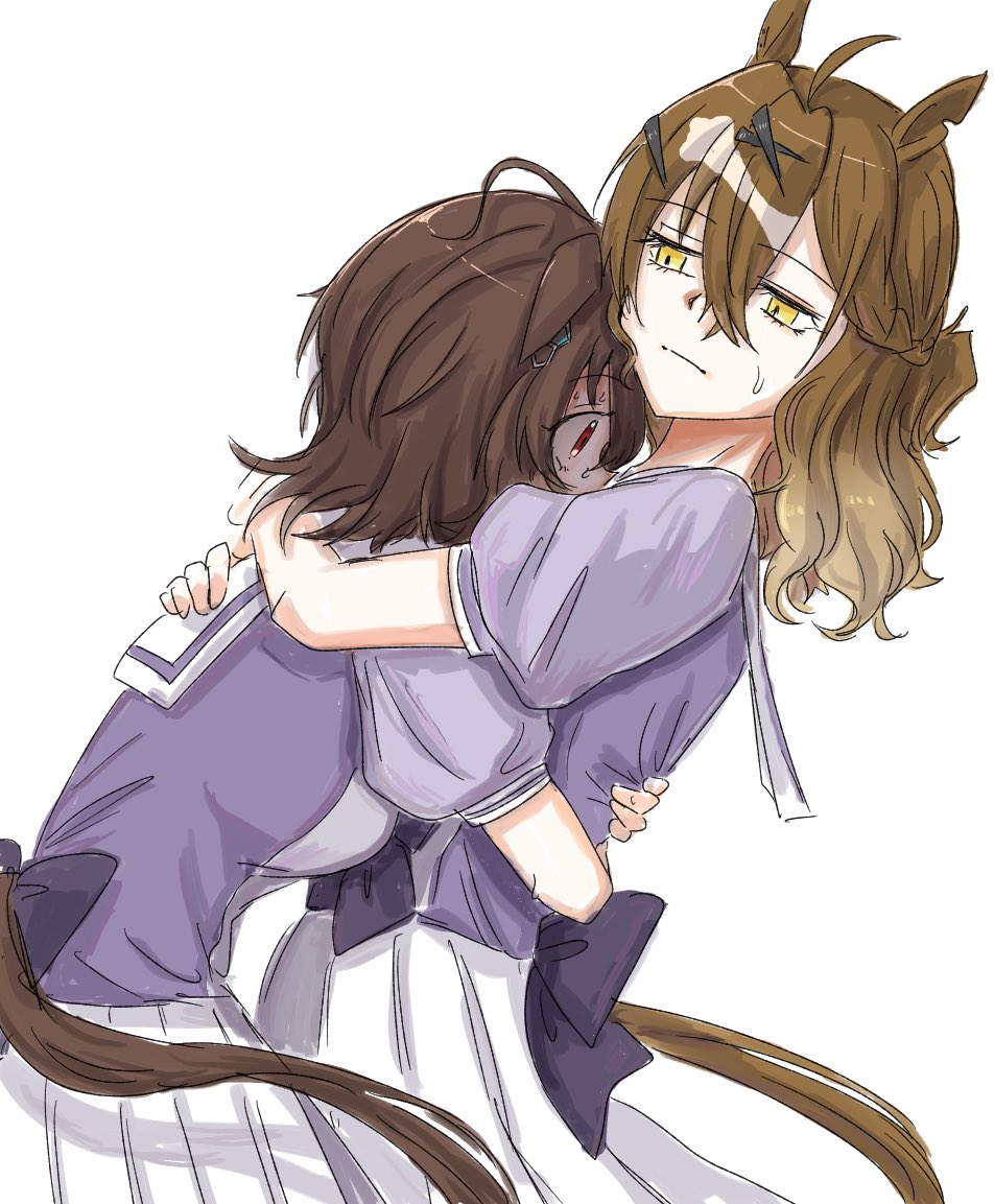 2girls, agnes_tachyon_(umamusume), ahoge, animal_ears, arms_around_neck, arms_around_waist, bow, bowtie