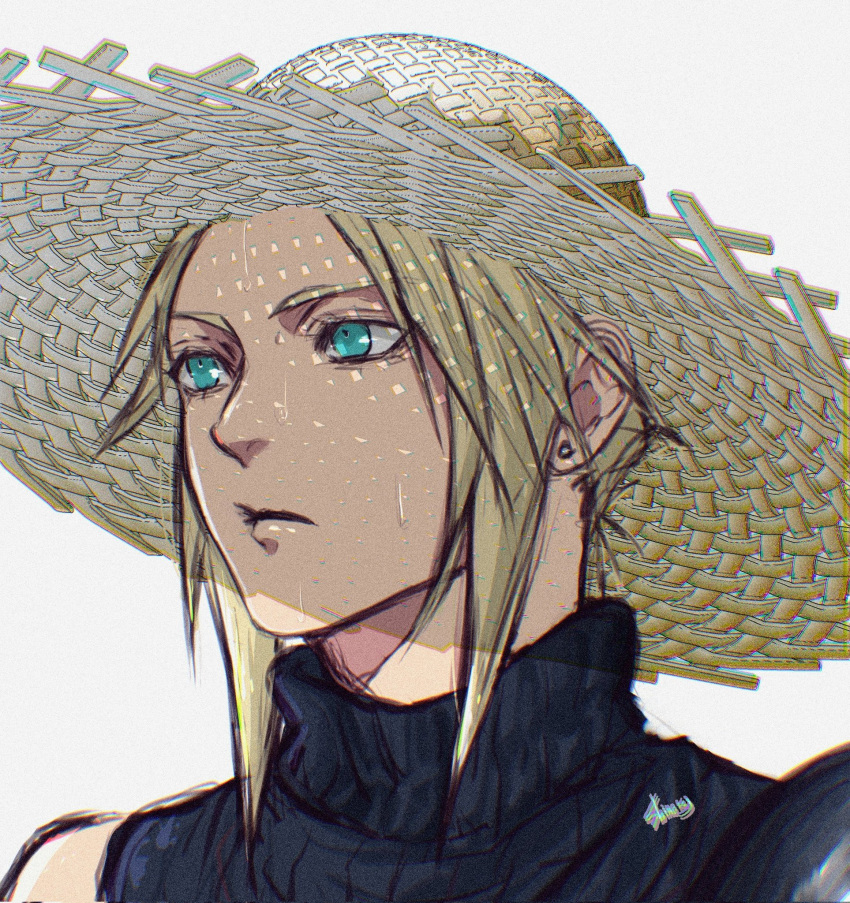 1boy, aqua_eyes, armor, blonde_hair, blue_shirt, closed_mouth, cloud_strife, earrings
