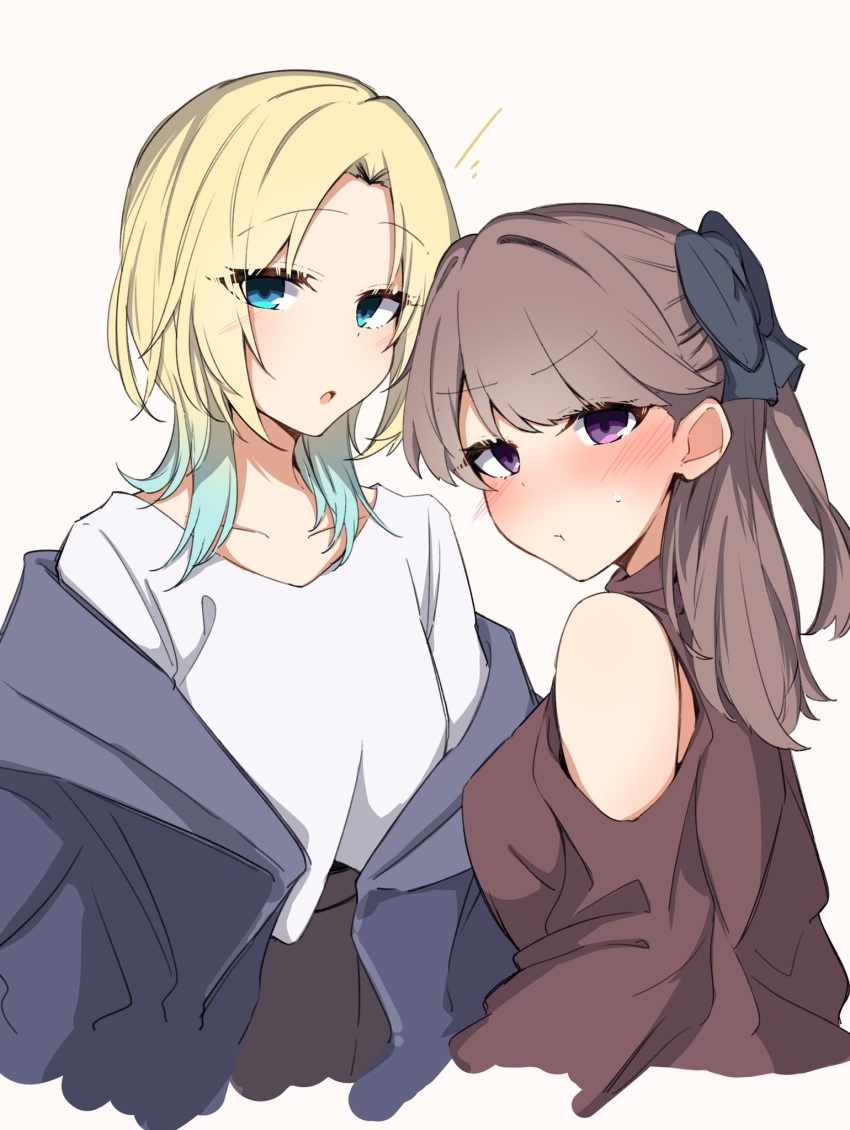 2girls, :o, :t, aged_up, alternate_costume, alternate_hair_length, alternate_hairstyle, amano_mitara