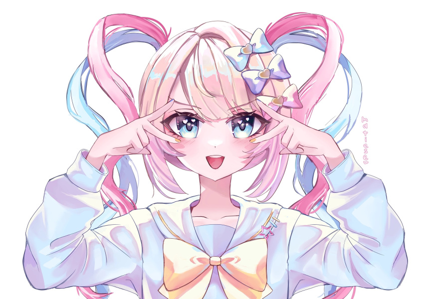 1girl, :d, blonde_hair, blue_bow, blue_eyes, blue_hair, bow, chouzetsusaikawa_tenshi-chan, double_inward_v, double_v, hair_bow, hands_up, heart, highres, inward_v, long_hair, long_sleeves, looking_at_viewer, matiesew, meme, miku_miku_beaaaam!!_(meme), multicolored_hair, needy_girl_overdose, open_mouth, pink_bow, pink_hair, purple_bow, quad_tails, sailor_collar, simple_background, smile, solo, upper_body, v, v_over_eye, white_background
