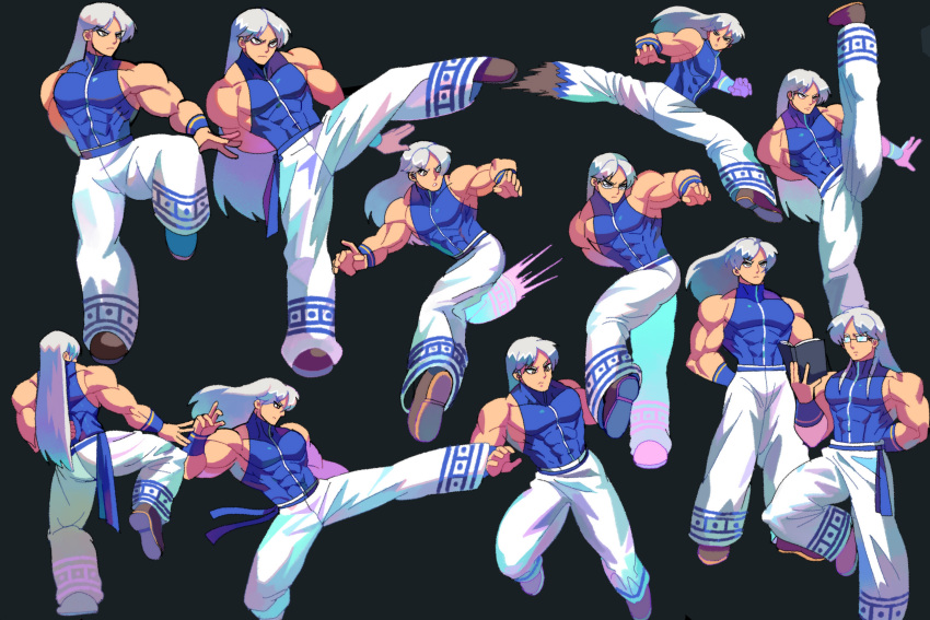 absurdres, arm_behind_back, book, brown_footwear, denaseey, fighting_stance, flying_kick, glasses