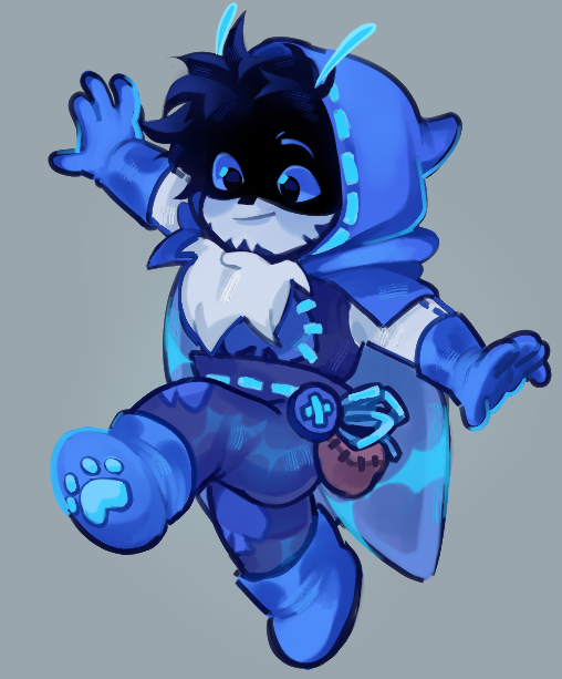 1boy, adapted_costume, beard, black_hair, blue_cape, blue_eyes, blue_gloves, blue_pants
