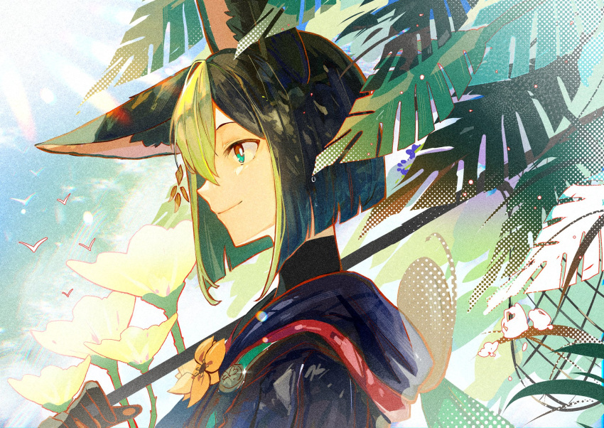 1boy, animal_ear_fluff, animal_ears, black_gloves, black_hair, black_hood, brown_eyes, butterfly_net