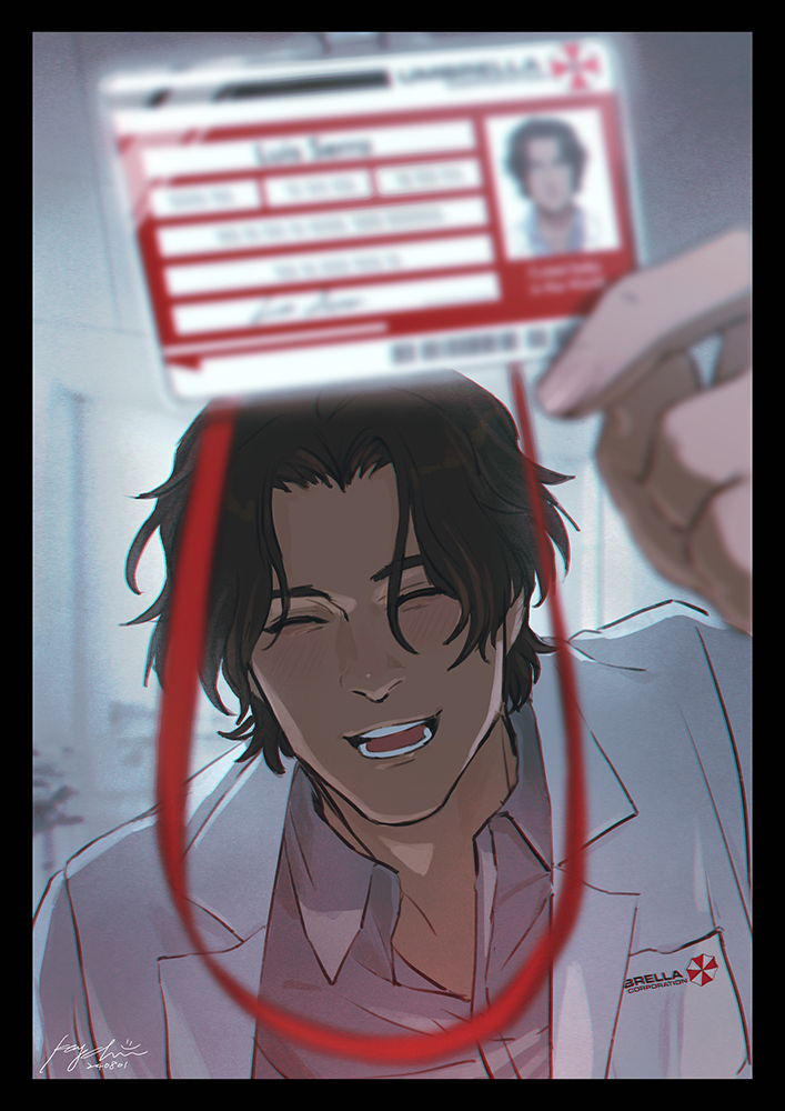 1boy, arm_up, black_border, blurry, blush, border, brown_hair, card