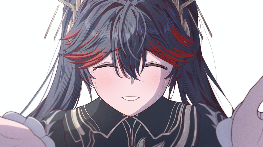 1girl, absurdres, black_hair, black_jacket, closed_eyes, gold_trim, hair_ornament, highres