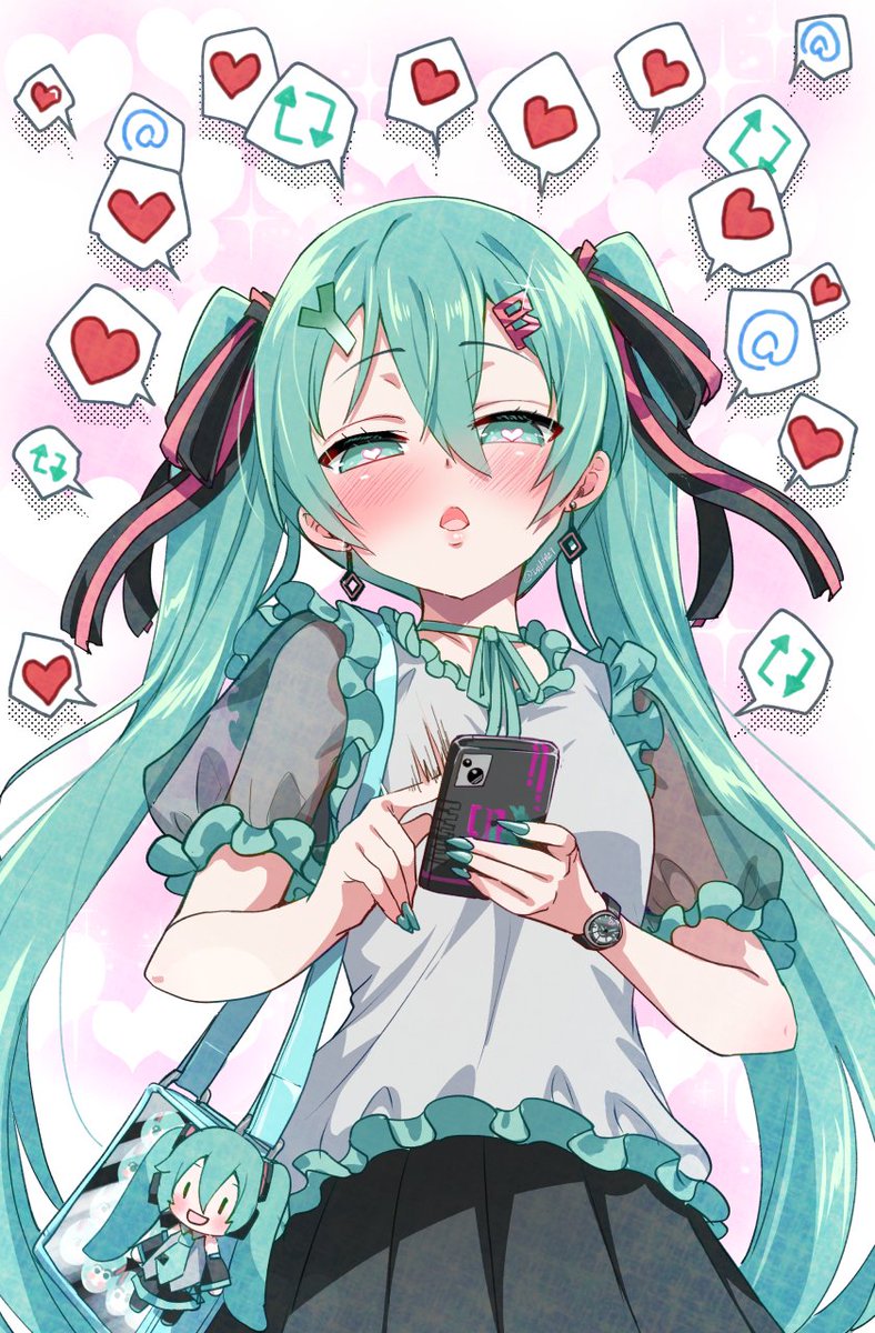 1girl, @_(symbol), aqua_eyes, aqua_hair, aqua_nails, aqua_shirt, bag, black_ribbon