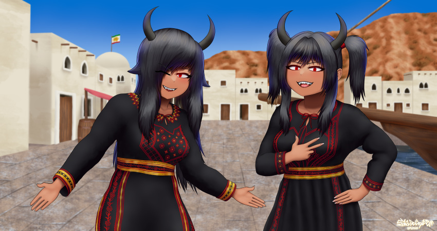 2girls, absurdres, black_dress, black_hair, blue_sky, clear_sky, demon, demon_girl