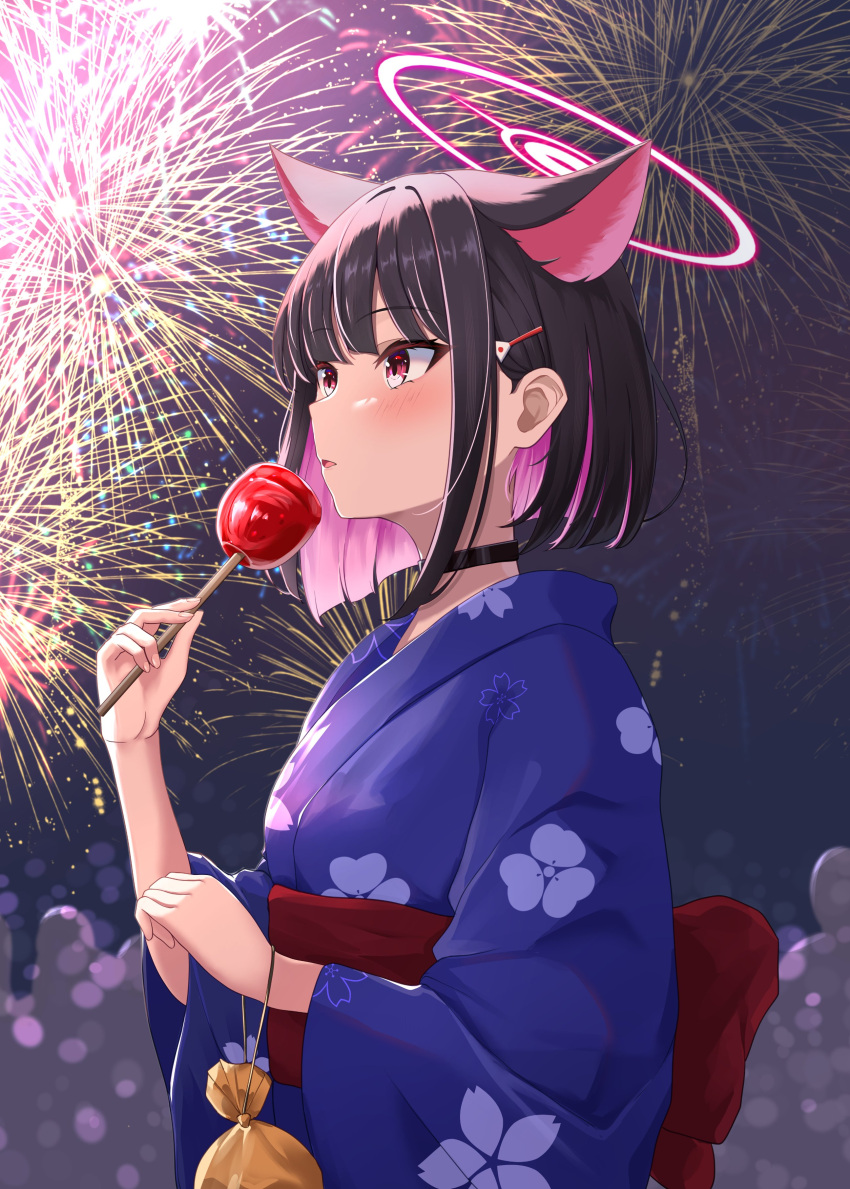 1girl, absurdres, aerial_fireworks, alternate_costume, animal_ears, black_choker, black_hair, blue_archive