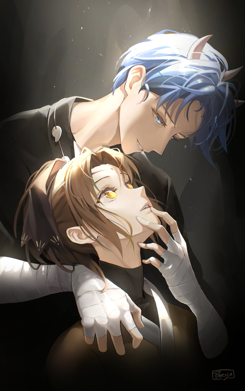 1boy, 1girl, absurdres, arima_kana, artist_name, bandaged_arm, bandaged_hand, bandages, black_background, black_kimono, black_ribbon, blue_eyes, blue_hair, brown_hair, commentary_request, fake_horns, fangs, grin, hair_ribbon, hand_on_another's_face, height_difference, highres, horns, hoshino_aquamarine, japanese_clothes, kimono, looking_at_another, looking_down, looking_up, official_alternate_costume, oshi_no_ko, parisa_reaz, parted_lips, ribbon, short_hair, simple_background, smile, tokyo_blade_(oshi_no_ko), touki_(tokyo_blade), tsurugi_(tokyo_blade), yellow_eyes, yellow_kimono
