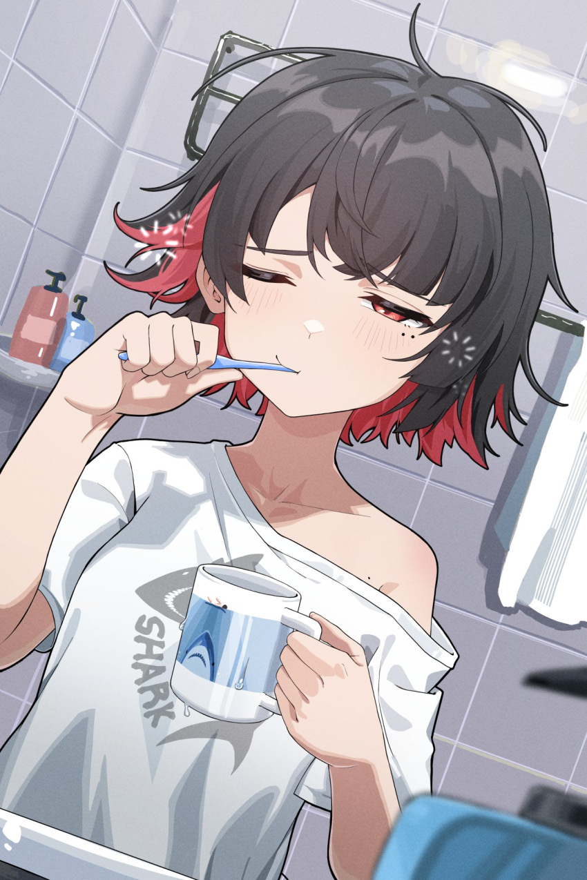 1girl, alternate_costume, bathroom, black_hair, blush, brushing_teeth, collarbone, colored_inner_hair