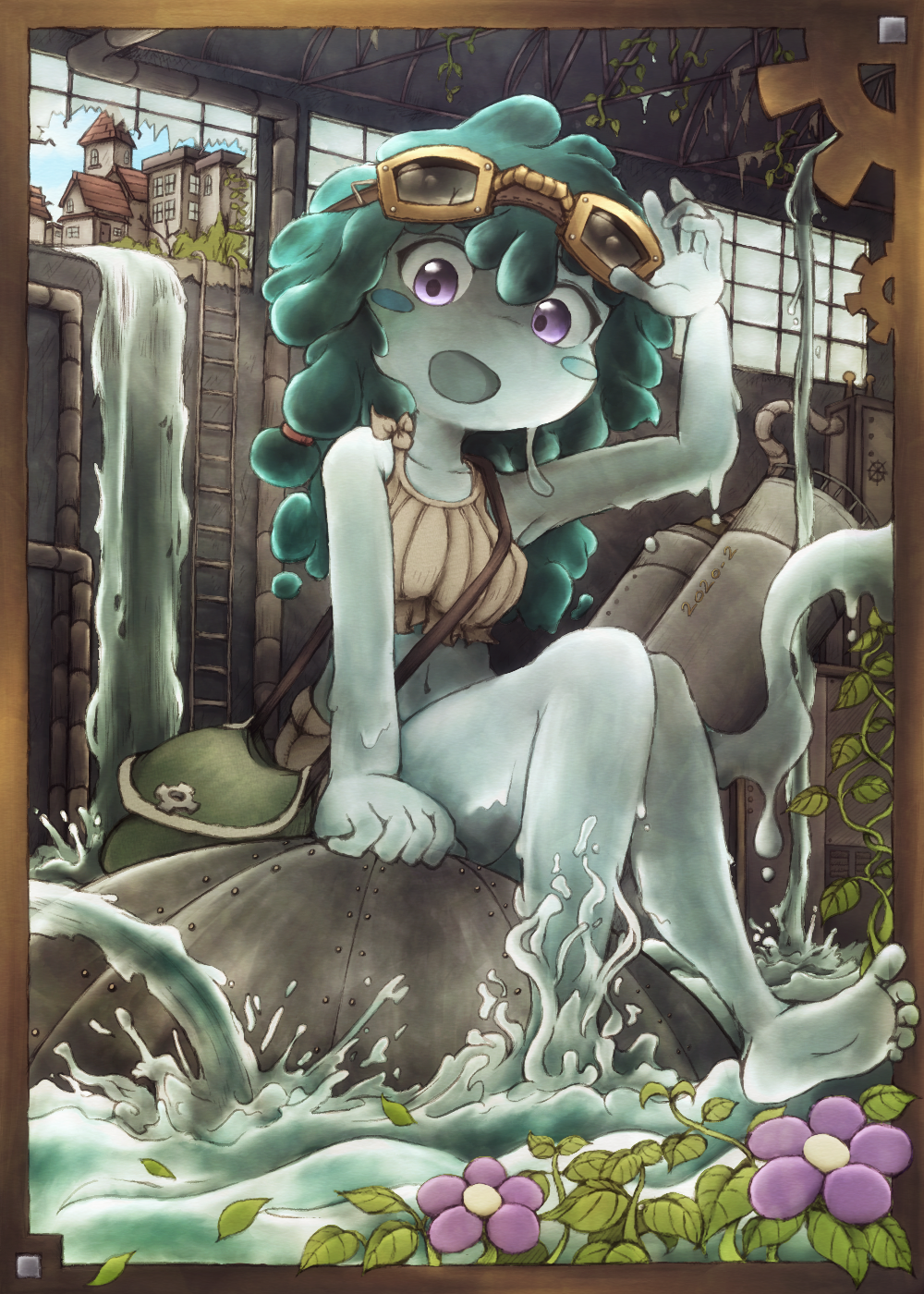 1girl, :d, arm_up, blush_stickers, broken_glass, broken_window, brown_shorts, brown_tank_top