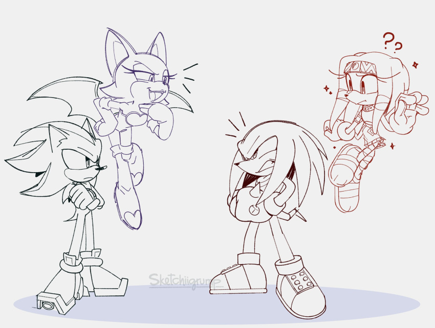 2boys, 2girls, ?, ??, annoyed, artist_request, bat_wings, colored_lineart, crossed_arms, english_commentary, floating, flying, furry, furry_female, furry_male, furry_with_furry, gloves, hand_on_own_hip, highres, knuckles_the_echidna, mayan_clothes, multiple_boys, multiple_girls, rouge_the_bat, shadow_the_hedgehog, simple_background, sonic_(series), spiked_gloves, tagme, teasing, tikal_the_echidna, white_background, wings