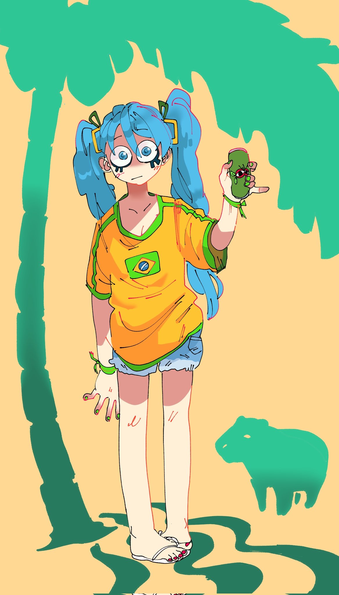 1girl, aqua_eyes, aqua_hair, bare_legs, blue_shorts, brazilian_flag_print, brazilian_miku, can