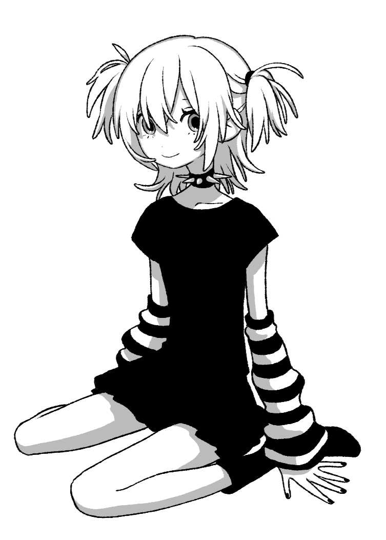 1girl, arm_warmers, boots, collar, dress, full_body, greyscale, looking_at_viewer, monochrome, nail_polish, original, panda23577667, short_sleeves, sitting, smile, solo, spiked_collar, spikes, striped_arm_warmers, twintails, two_side_up, wariza