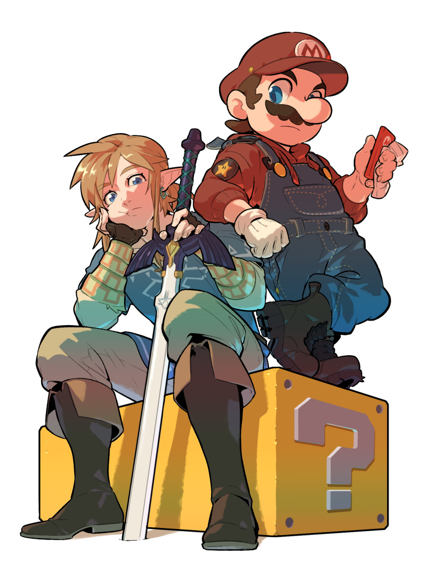 1boy, blonde_hair, blue_eyes, champion's_tunic_(zelda), commentary_request, earrings, facial_hair, gloves