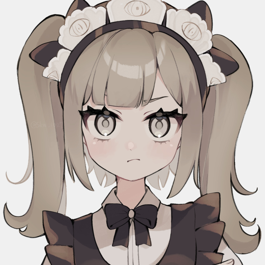 >:(, 1girl, black_bow, black_bowtie, black_vest, blunt_bangs, bow, bowtie