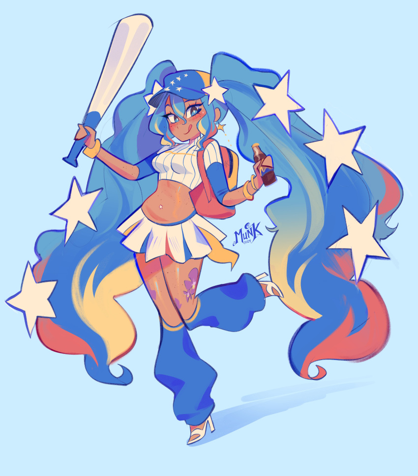 1girl, absurdres, alternate_costume, backpack, bag, baseball_bat, baseball_cap, blue_background