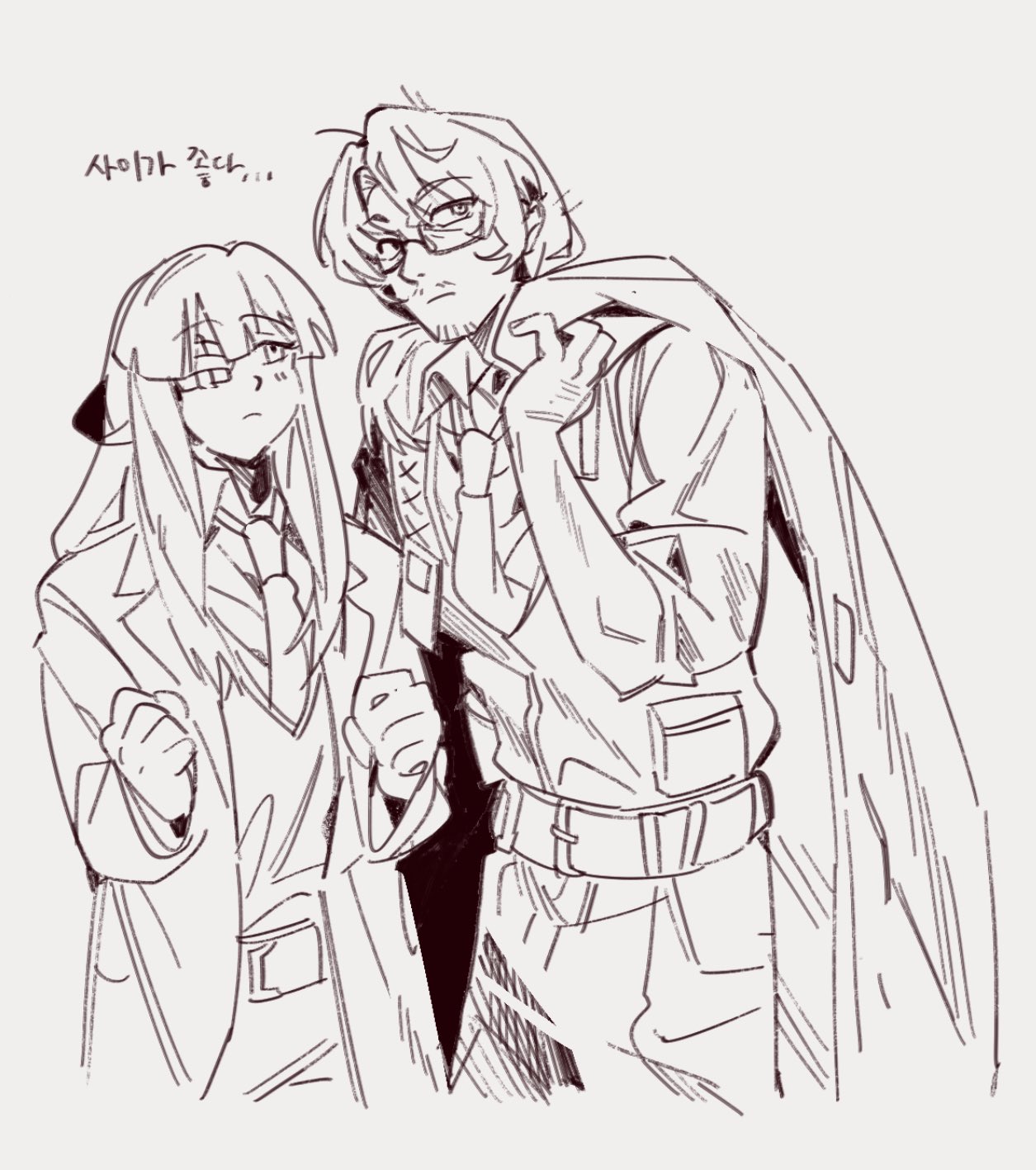 1boy, 1girl, alternate_universe, bow, coat, collared_shirt, cowboy_shot, gauze