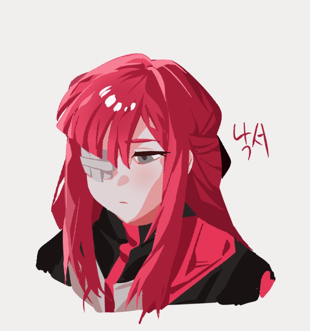 1girl, black_bow, black_jacket, bow, closed_mouth, gauze, gauze_over_eye, grey_eyes