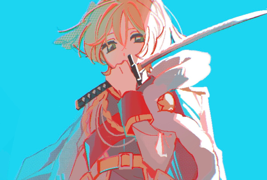 1girl, aiguillette, belt, blonde_hair, blue_background, covering_own_mouth, daiba_nana, fur-trimmed_jacket