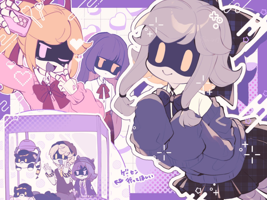 1boy, 4girls, android, black_bow, black_bowtie, black_skirt, blonde_hair, bow