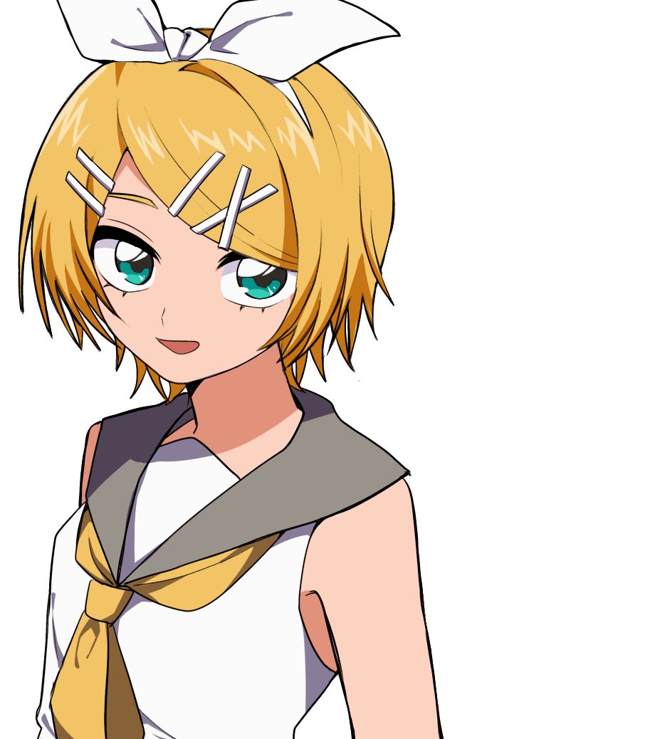 1girl, blonde_hair, bow_hairband, green_eyes, hair_ornament, hairband, hairclip, kagamine_rin, neckerchief, neko_chenna, open_mouth, sailor_collar, shirt, short_hair, sleeveless, sleeveless_shirt, smile, solo, upper_body, vocaloid, white_background