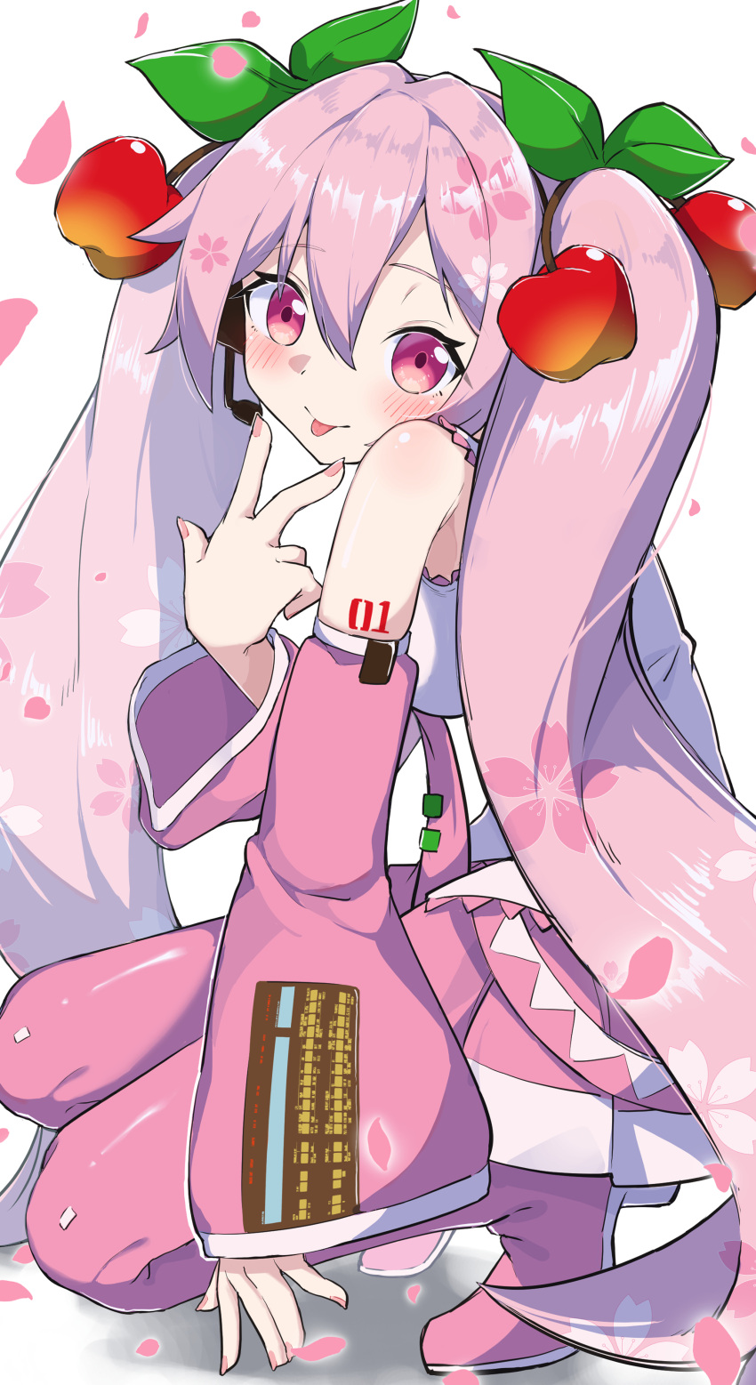 1girl, absurdres, blush, boots, cherry_hair_ornament, detached_sleeves, food-themed_hair_ornament, hair_ornament, hatsune_miku, headset, highres, long_hair, long_sleeves, looking_at_viewer, nail_polish, nemu7777, petals, pink_eyes, pink_hair, sakura_miku, shirt, sleeveless, sleeveless_shirt, smile, solo, squatting, tongue, tongue_out, twintails, very_long_hair, vocaloid, w