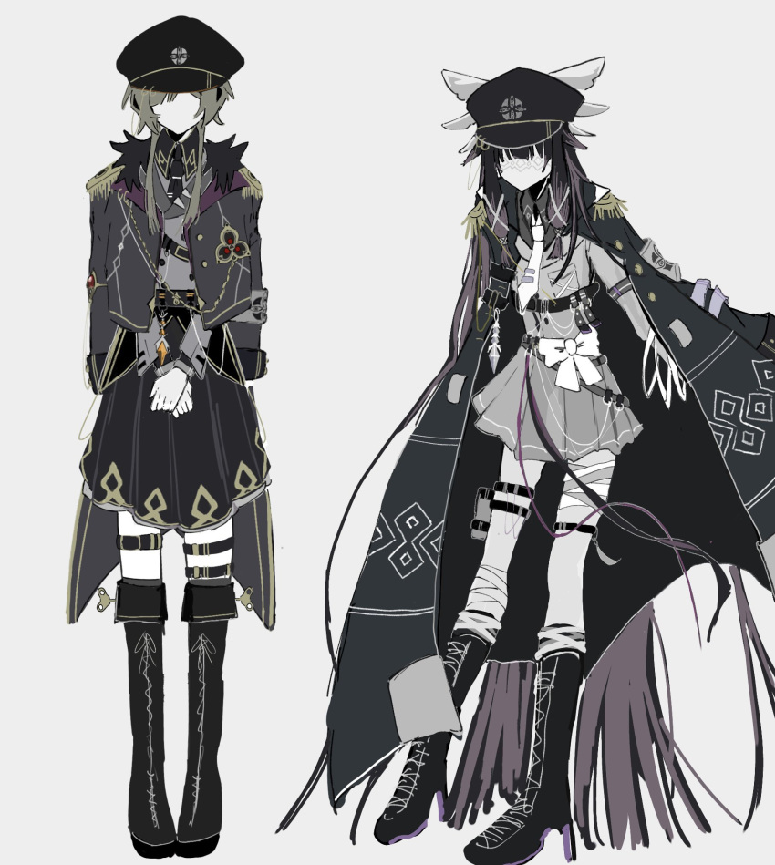 2girls, bandaged_leg, bandages, black_footwear, black_hair, black_hat, black_skirt, boots
