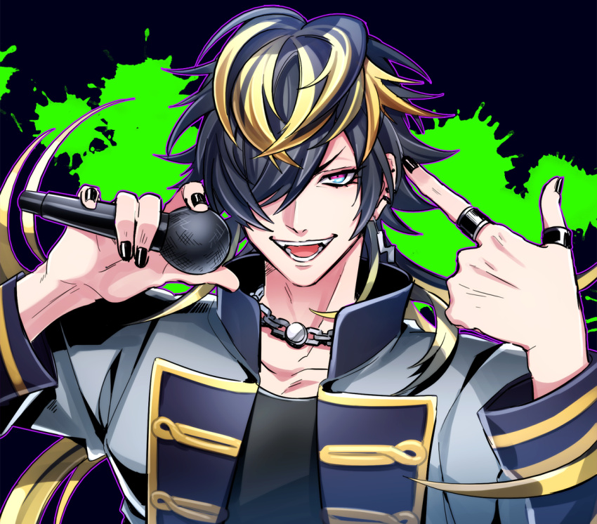 1boy, :d, aimono_jyushi, black_background, black_hair, black_nails, blonde_hair, blue_eyes