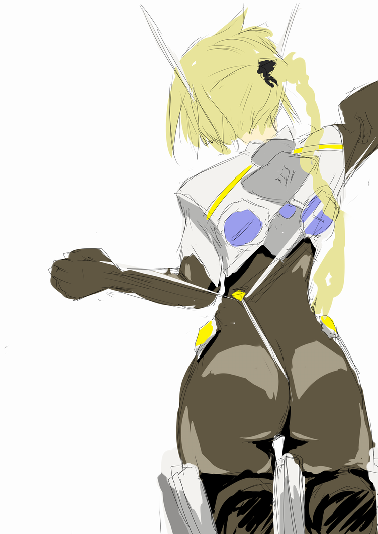 bad_id, blazblue, blonde_hair, braid, lambda-11, long_hair, sketch, sketchy