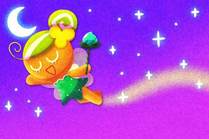 1girl, :d, barefoot, closed_eyes, commentary, cookie_run, crescent_moon, dress