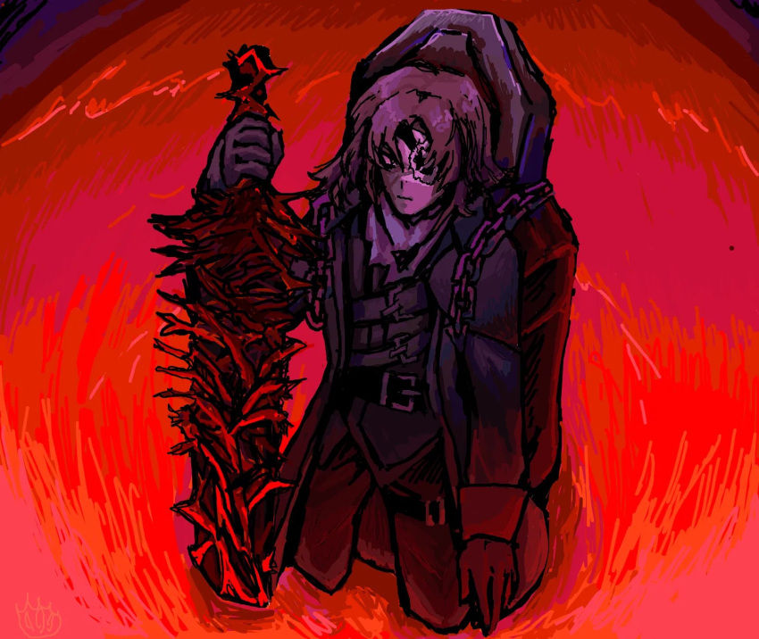 1boy, belt, blood, brown_coat, brown_gloves, brown_hair, cami_acid_day, chain