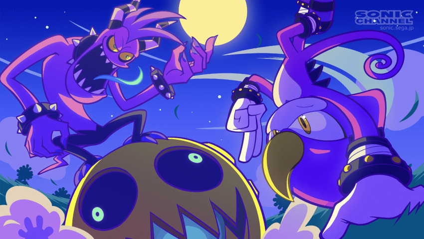 2boys, bracelet, chameleon_tail, colored_sclera, colored_skin, espio_the_chameleon, handstand, hayane_tomoko